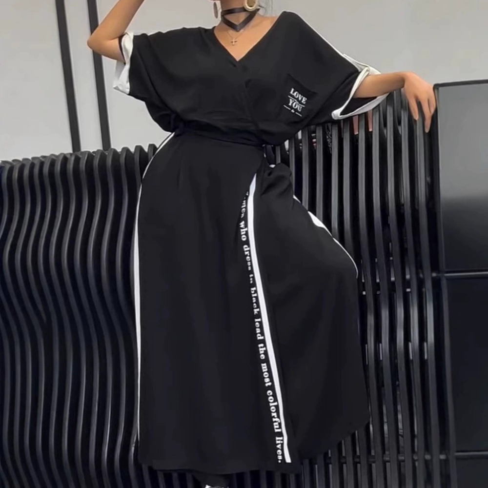 ZARA Fashion Contrast Collar Irregular Short Sleeve Top Loose Pants Set